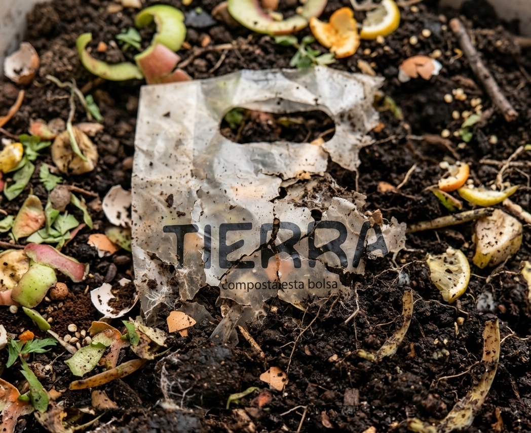 Bolsa de bioplástico compostándose junto a residuos orgánicos